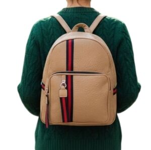 Tan Blue and red striped Large backpack purse